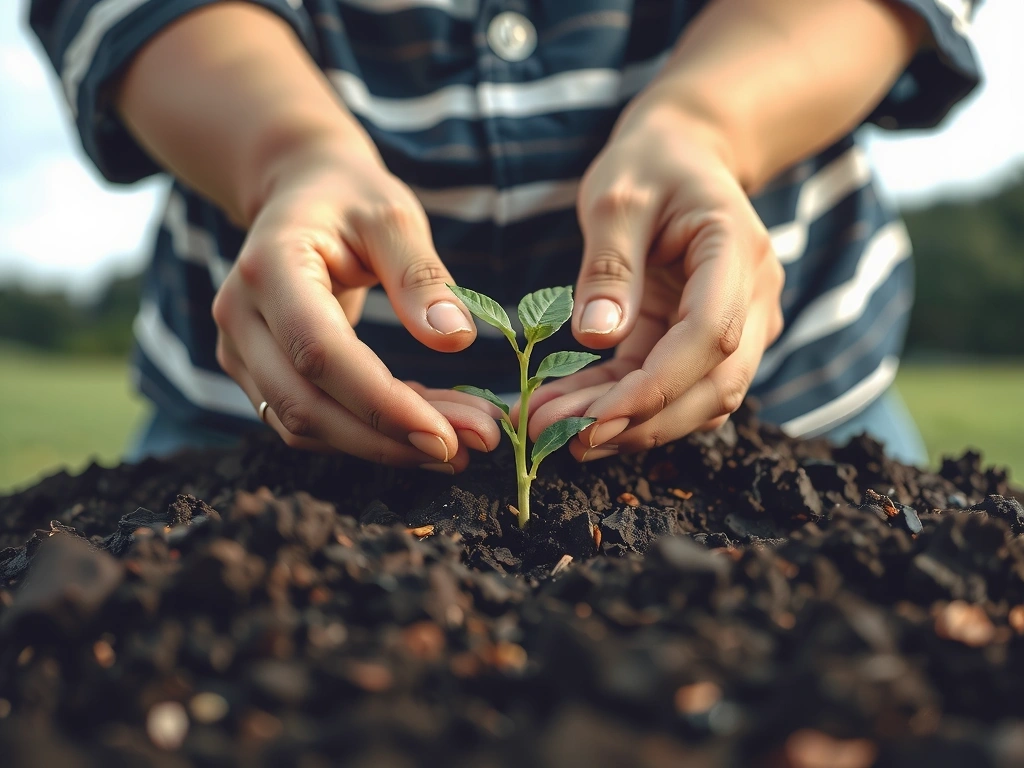 A person's hands gently nurturing a small green plant sprout emerging from fertile soil, set against a blurred background of a serene natural landscape, symbolizing growth, sustainability, and a hopeful future. No text.