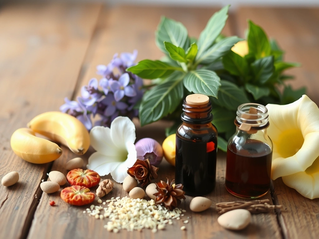 A close-up of various natural ingredients like herbs, flowers, and essential oils arranged aesthetically on a rustic wooden table, bathed in soft, natural light, symbolizing purity and nature's power in beauty products. No text.