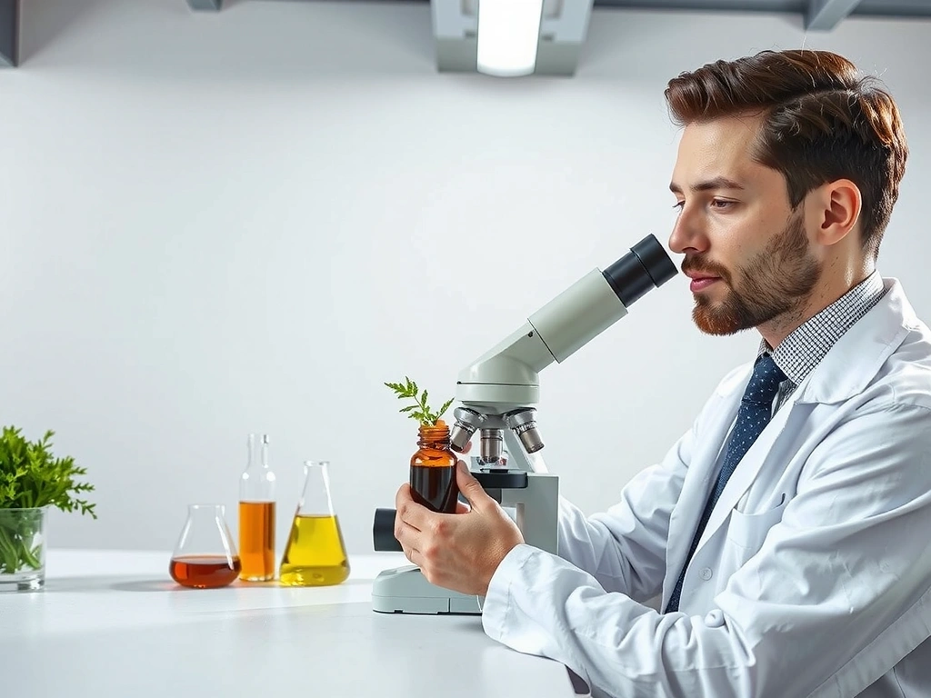 A scientist in a lab coat examining a plant extract under a microscope in a clean, brightly lit laboratory, with beakers and test tubes in the background, symbolizing rigorous quality control and scientific backing. No text.