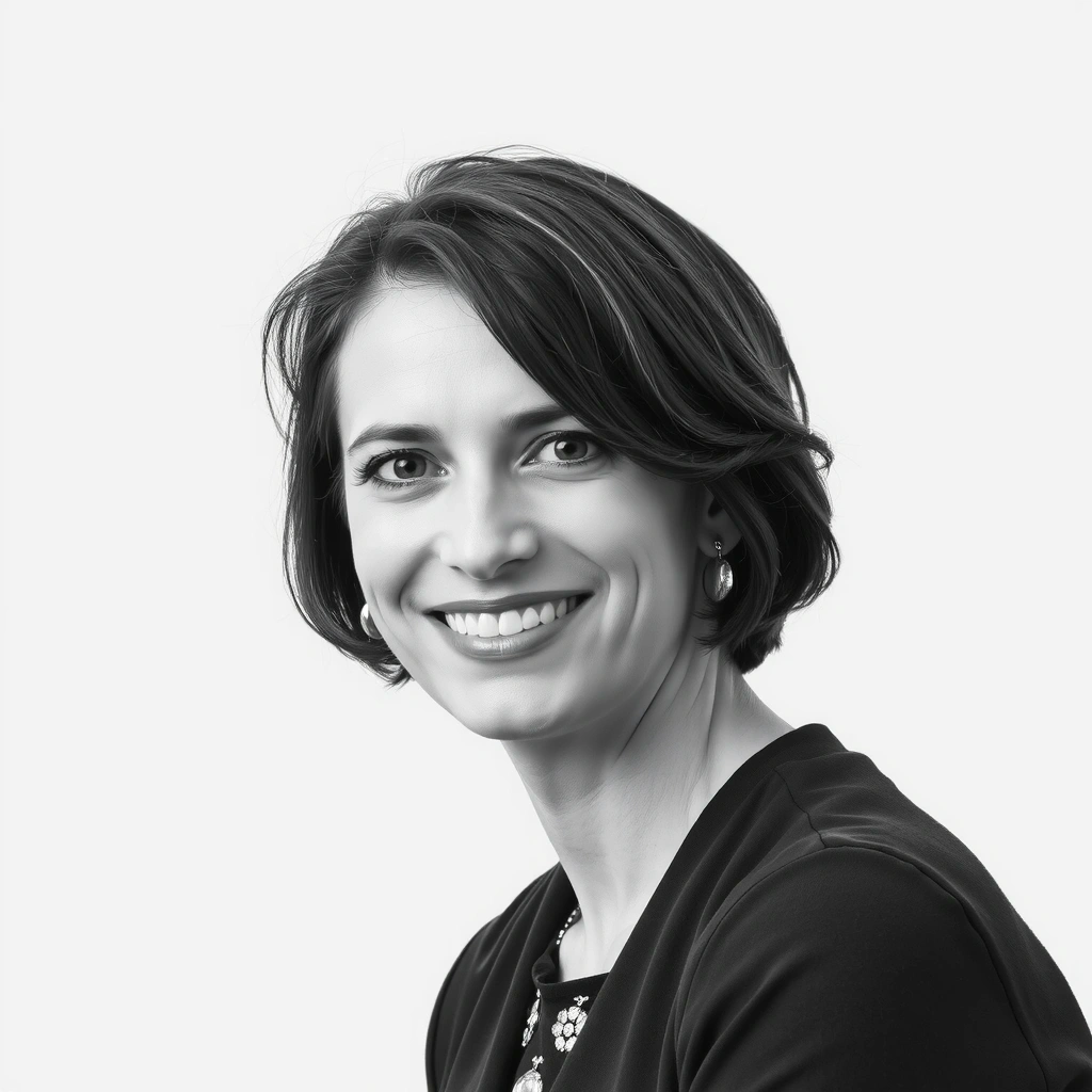 Portrait of a smiling woman with warm, friendly eyes, short, dark hair, wearing a professional yet approachable outfit, symbolizing a visionary founder. No text.