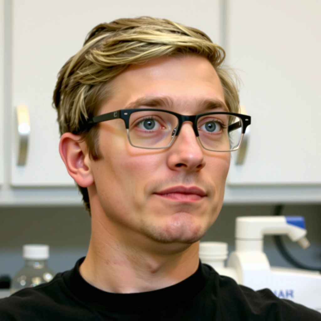 Portrait of a focused man with glasses and a thoughtful expression, with a background suggesting a lab or research environment, symbolizing a lead formulator. No text.