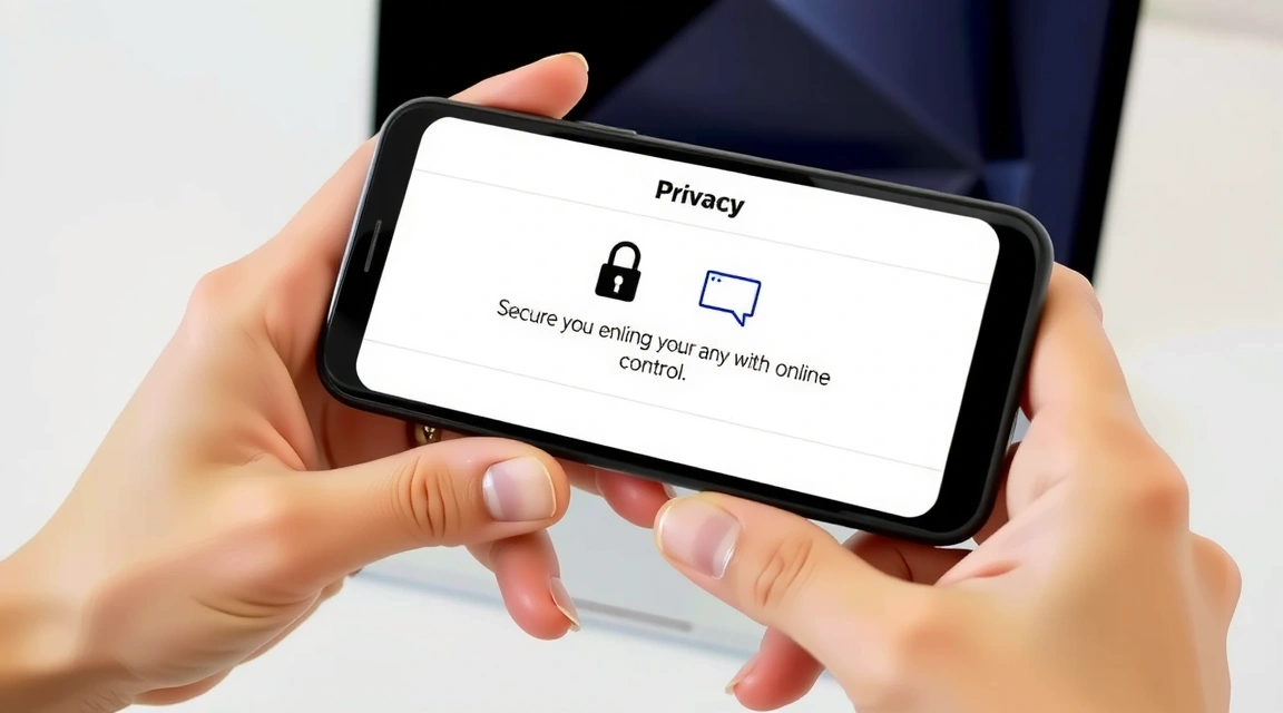 A person's hands holding a smartphone with privacy settings on the screen, showing secure online interaction